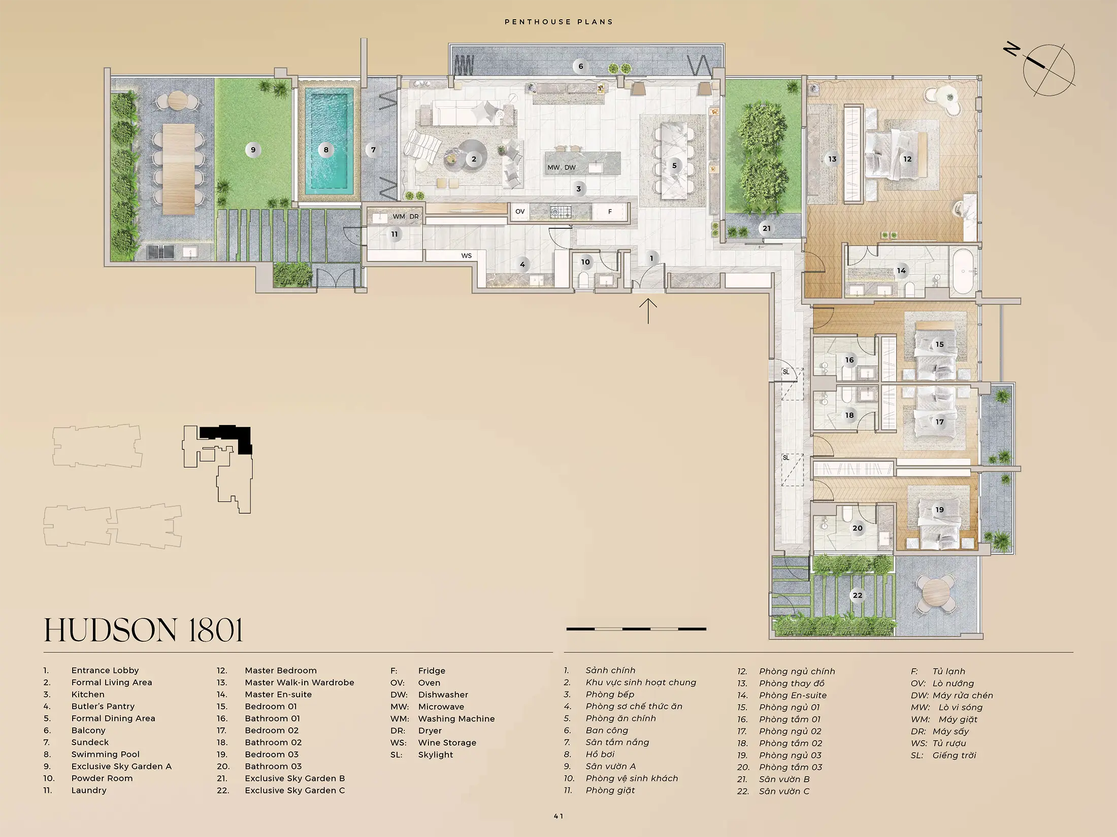 Layout can ho Penthouse HUDSON 1801 Dien tich 31647m2 va San Vuon A 6304m2 va San Vuon B 1937m2 va San Vuon C 2673m2 du an The River Thu Thiem