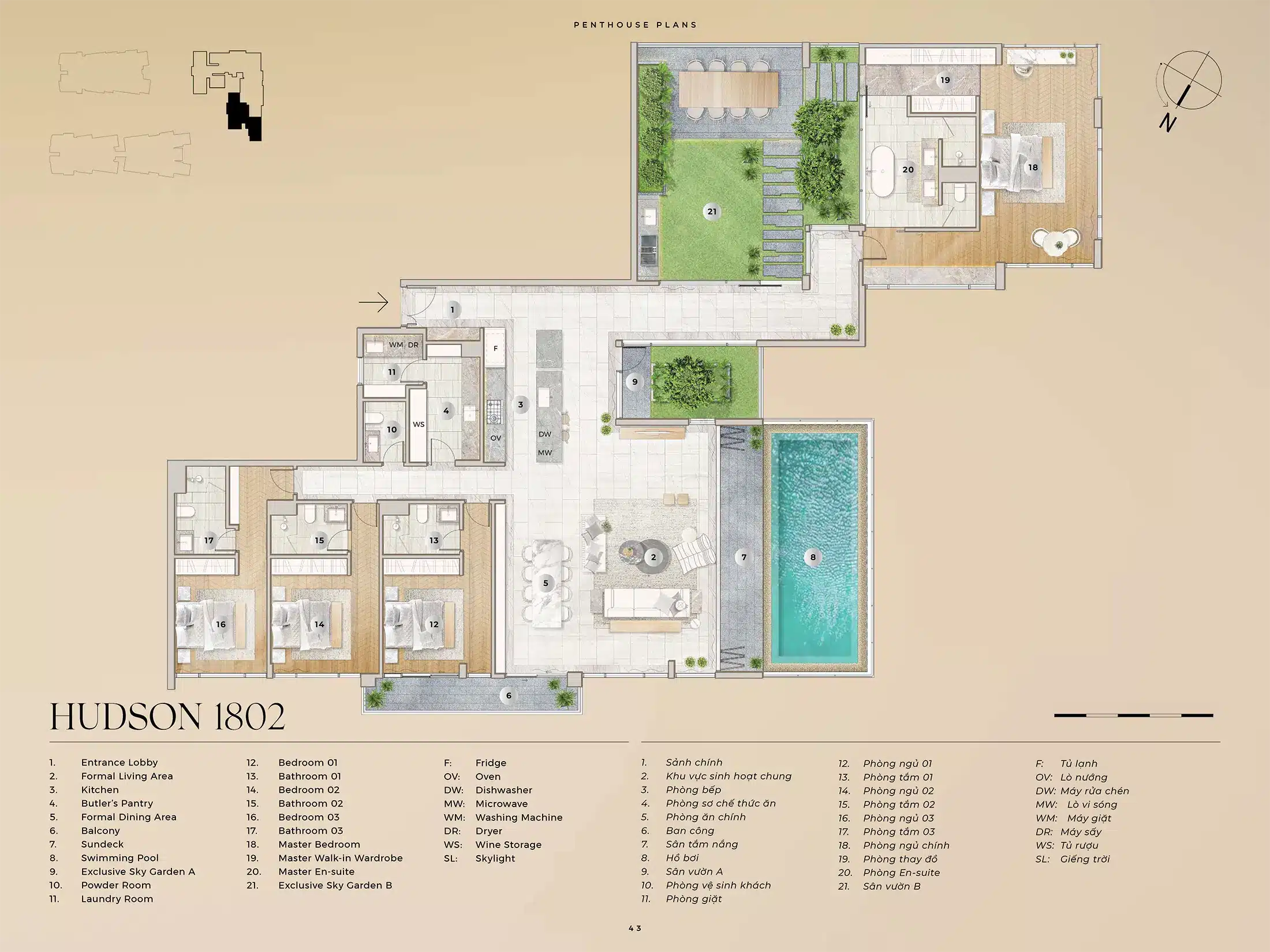 Layout can ho Penthouse HUDSON 1802 Dien tich 36081m2 va San Vuon A 1209m2 va San Vuon B 6035m2 du an The River Thu Thiem