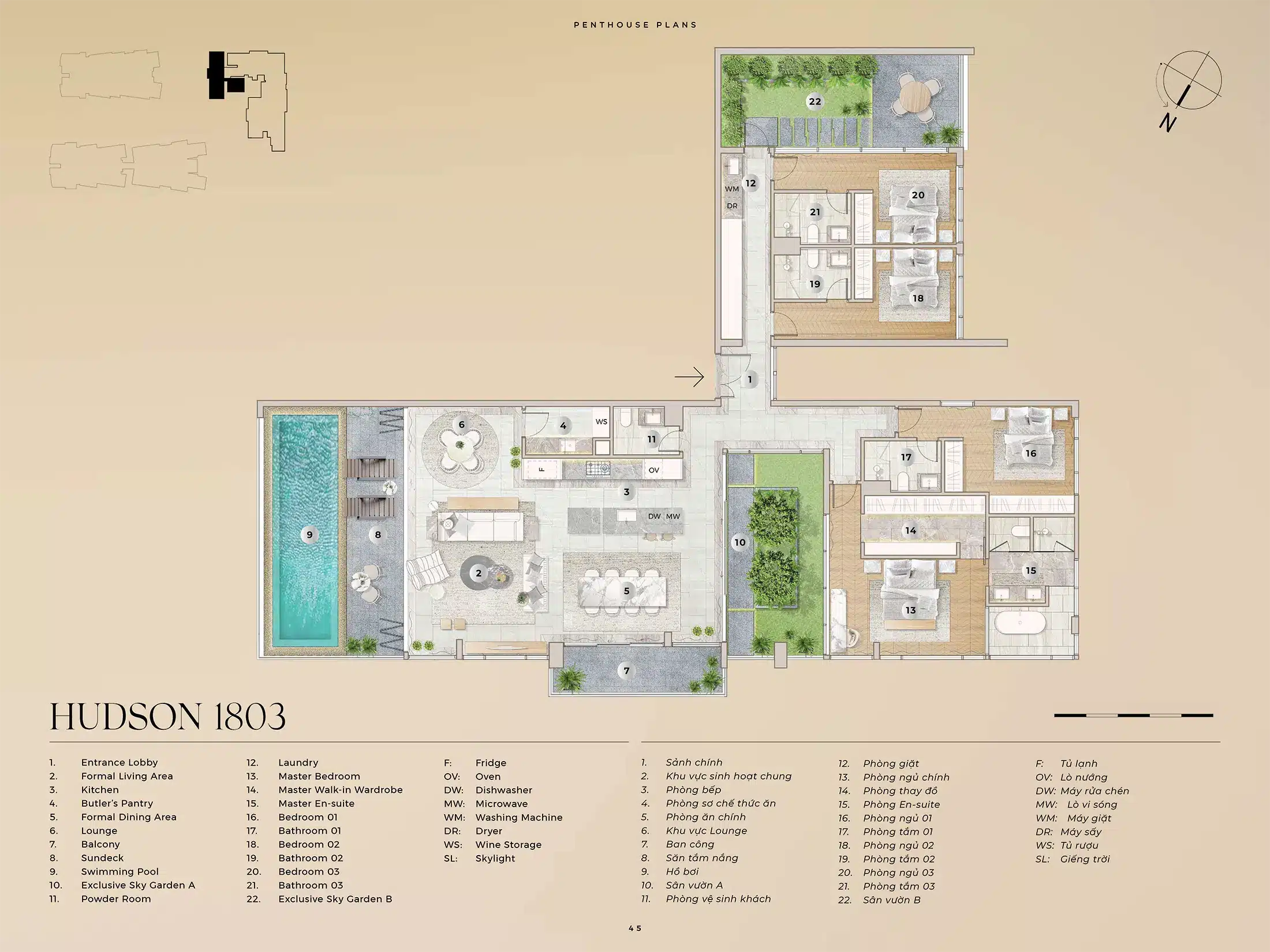 Layout can ho Penthouse HUDSON 1803 Dien tich 31049m2 va San Vuon A 2372m2 va San Vuon B 2776m2 du an The River Thu Thiem
