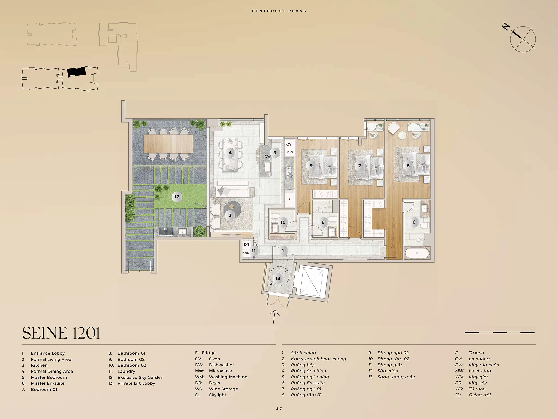 Layout can ho Penthouse SEINE 1201 Dien tich 15898m2 va San Vuon 5165m2 du an The River Thu Thiem
