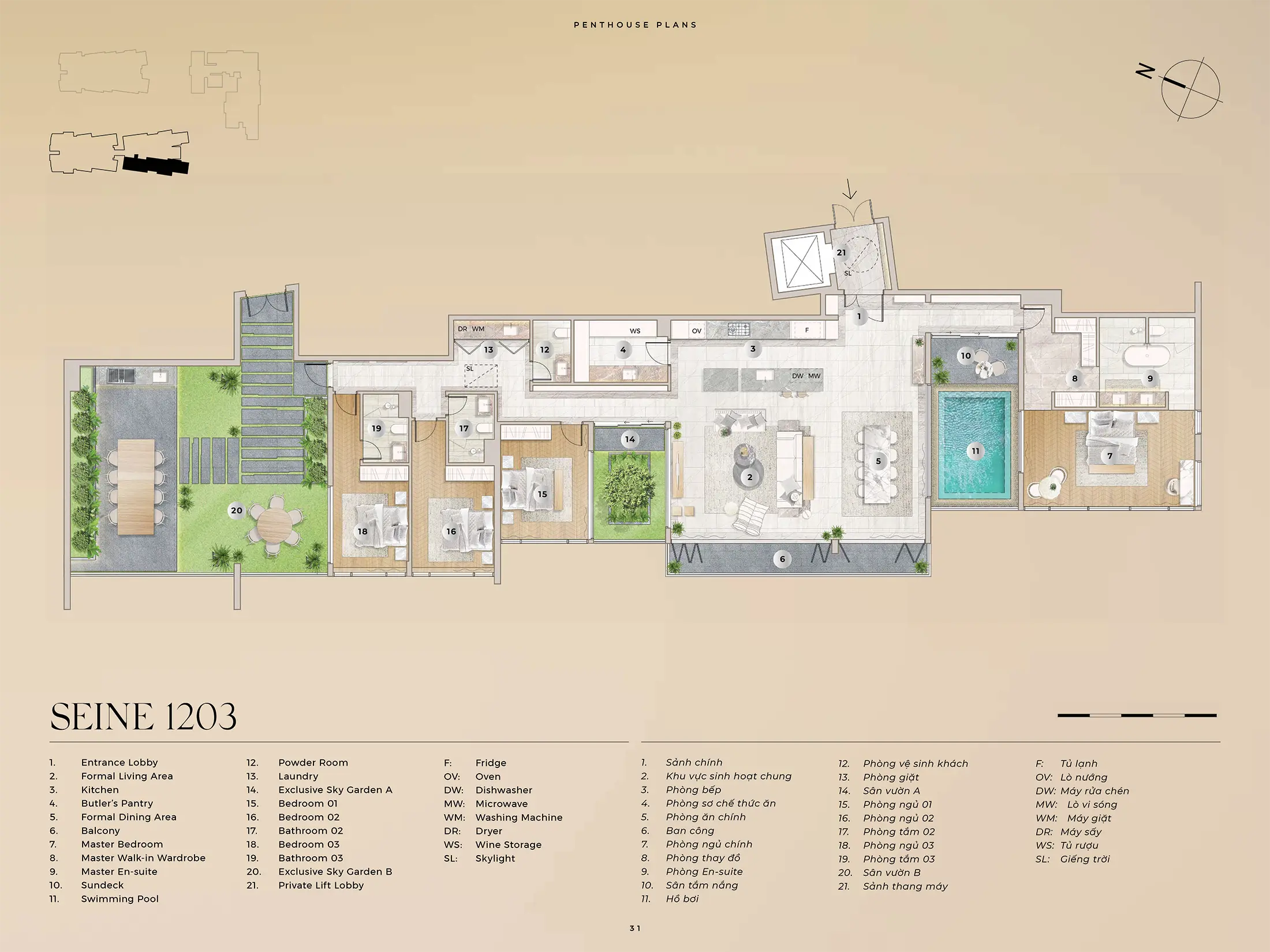 Layout can ho Penthouse SEINE 1203 Dien tich 31271m2 va San Vuon A 1267m2 va San Vuon B 8856m2 du an The River Thu Thiem