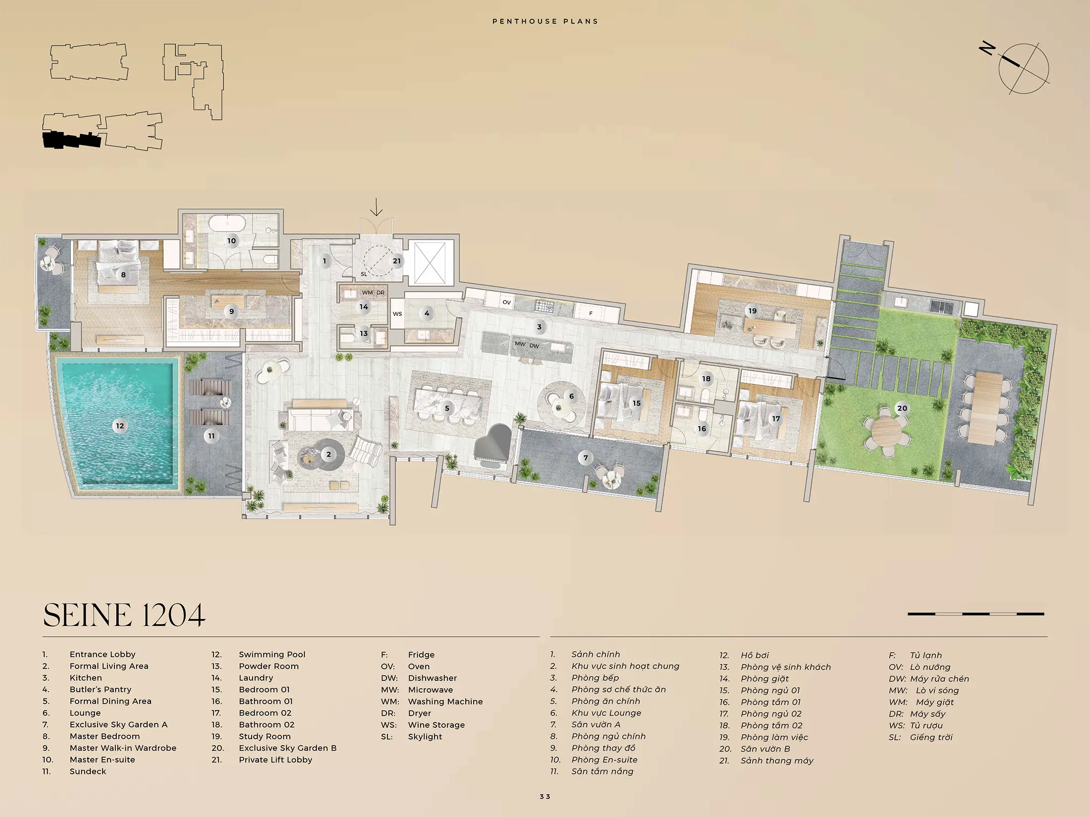 Layout can ho Penthouse SEINE 1204 Dien tich 36017m2 va San Vuon A 1543m2 va San Vuon B 8462m2 du an The River Thu Thiem