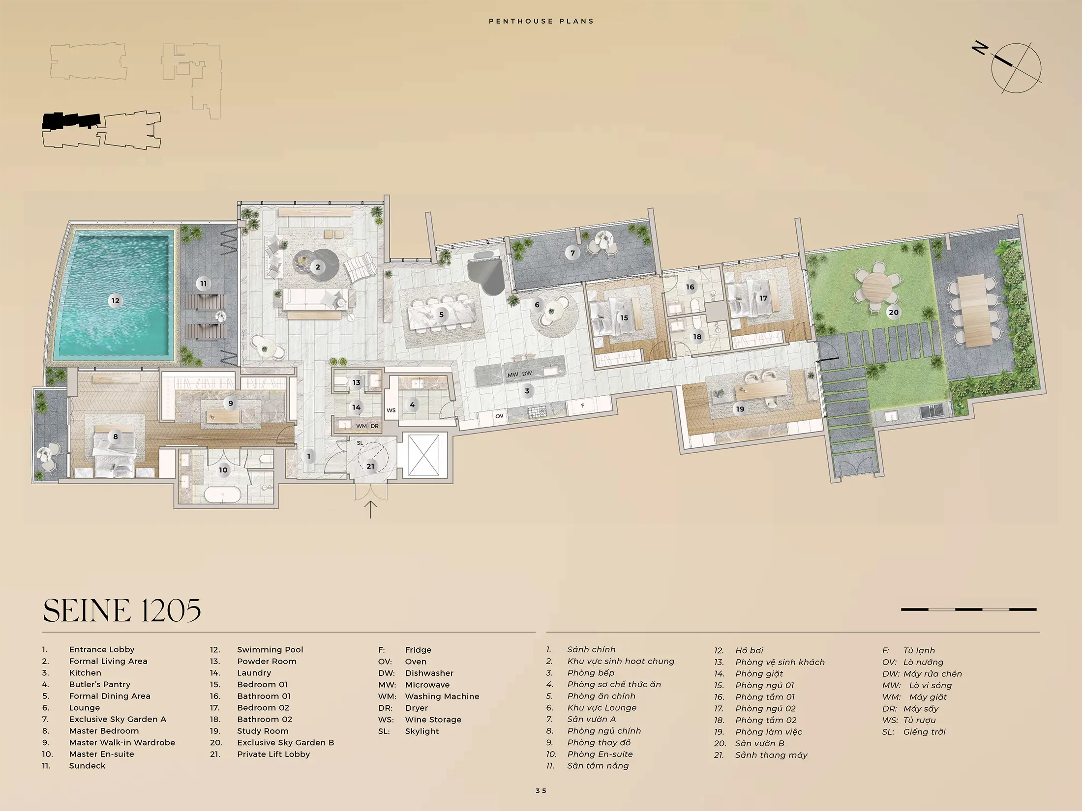 Layout can ho Penthouse SEINE 1205 Dien tich 36017m2 va San Vuon A 1543m2 va San Vuon B 8462m2 du an The River Thu Thiem