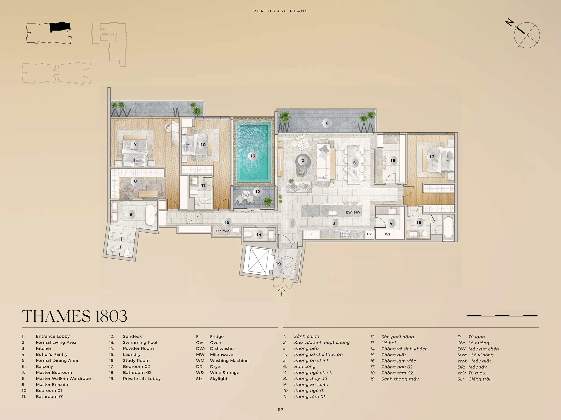Layout can ho Penthouse THAMES 1803 Dien tich 29175m2 du an The River Thu Thiem